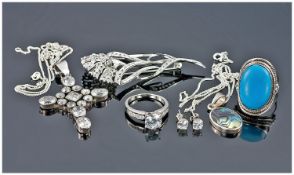 Collection Of Silver Jewellery, Comprising Stud CZ Earrings, CZ Dress Ring, Blue Stone Dress Ring,