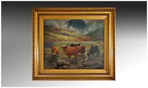 John Smart IV, Scottish 1838-1899. Sunshine and Showers,Highland Cattle by a Scottish Mountain