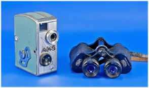 Early Zeiss Cinea Camera, Model AK8. c. 1930`s. with a pair of Zeiss Binoculars. Jemoptem Jena.