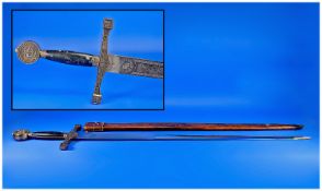 Copy Sword, Made In Spain, With Engraved Blade. Excalibar, King Arthurs Sword. In Leather Scabbard.