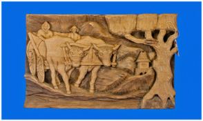 Carved Wood Wall Plaque, South African Boers Riding In A Bullock Cart. 25x16``