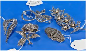 Collection Of Five Silver Brooches, Floral Designs Set With Marcasites, Largest 100mm In Length,