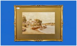 Harold English 1890-1953 Dutch River & Village Scene. Windmill in distance. Circa 1930`s.