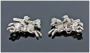 Pair Of Gents Silver Cufflinks, Modelled In The Form Of Horse And Rider, Complete With Fitted Box