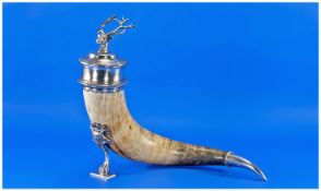 A Large Silver Plated Mounted `Mull` Horn With Stags Head.