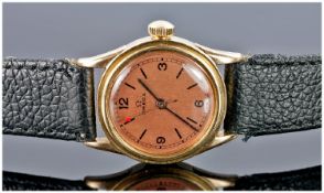 14ct Gold Omega Wristwatch, Rose Coloured Dial With Arabic & Baton Markers, Black Hands With Centre
