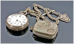 Large Silver Watch and Albert With Cricket Medallion Attached and EPNS Coin Case.
