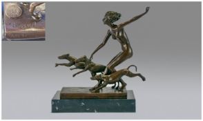 Charming Quality Bronze Of `Diana The Huntress`, running with her hounds. Marked to the base `