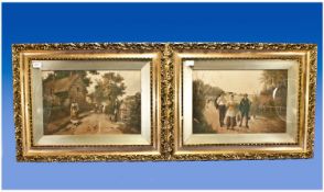 Matching Pair of Coloured Prints in Moulded Gilt Frames of Country Rural Scenes of Farmers. One in