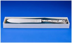 Silver Handled Butter Knife, the handle decorated with the Kings pattern, boxed, with booklet.