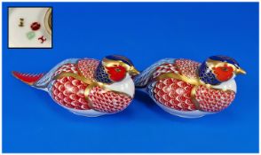 Royal Crown Derby Pair of Paperweights ``Quails``. Unmarked to bases. Each 6.5 inches in length