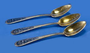 Three Quality Russian Silver Gilt & Niello Spoons. Each finely nielloed to both sides with rose