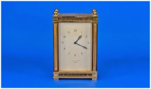 Junghans Meister Carriage Clock. Brass Supports, Mounts And Fretwork Gallery On A Walnut Case,