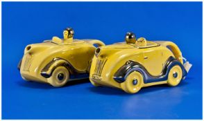 Shorters - Art Deco Novelty Tea Pots in the Form of Yellow Racing Cars and Drivers. 2 in total. 9