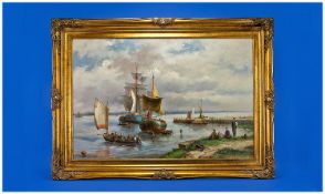 20th Century Unsigned Large Oil on Board. Subject - English 19th century coastal scene with boats