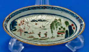 Unusual Late Eighteenth Century Chinese Underglazed Blue Oval Dish of unusual form. Celadon glaze,