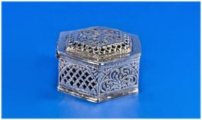An Unusual Hexagonal Shaped Middle Eastern Silver Incense Burner. The domed and hinged lid and