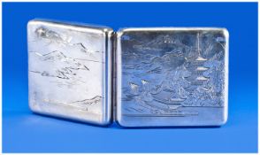 Chinese Silver Cigar/Cigarette Case, The Hinged Case With Engraved Landscape And Character Marks,