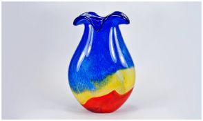 1960`s Murano Style Glass Vase, in a blue, yellow and red colourway, with a wavy edged top, 11