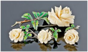 Hand Crafted Carved Ivory & Enamelled Brooch And Earring Set, All Modelled In The Form Of Flowers,