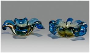 2 Glass Murano Style Blue Petaled Dishes. 8`` diameter.