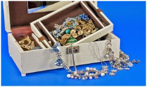 Cream Jewellery Box, Containing A Collection Of Costume Jewellery, Comprising Earrings, Chains,