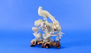 A Fine Quality Chinese Pale Celadon Colour Jadeite Carving Of A Pheasant Bird & Chicks sitting on a