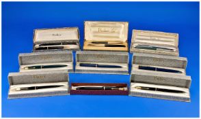 Collection Of Nine Boxed Parker Fountain Pens, Comprising Six Parker Senior Duofold (2 Blue, 3