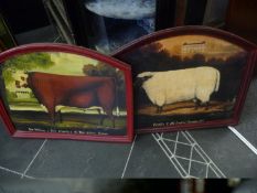 Pair of Wooden Signs of a Prize Bull and Sheep. Size 19x24.