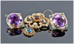 Three Items Of Jewellery Comprising A Pair Of Earrings, Pendant And Brooch, All Stone Set,