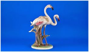 Fine Group of Flamingos by Keramos Pottery. Made in Austria, Vienna. 13 inches high, c.1930`s.
