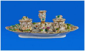 Rockingham Very Fine Hand Painted Porcelain Twin Inkwell & Stand. Combined With Chamber Stick
