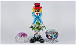 Three Pieces Of Coloured Studio Glass, Comprising Clown Figure, Salt/Small Vase And Paper Weight.