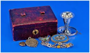 Small Leather Clad Box, Containing A Miniature Silver Vase, Brooches, Silver Medal etc