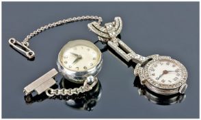 Art Deco Silver Fob Watch With Integral Brooch Attachment, Set With Paste Stones, Together With One