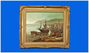 Oil On Canvas Of A Fisherman In A Coastal Town. Signed K.Hanna. 16x20``