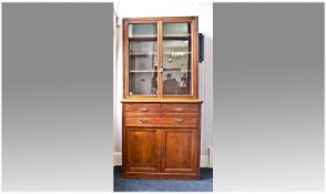 Late Victorian Oak Secretaire Bookcase, the upper section with two glazed doors, opening to reveal