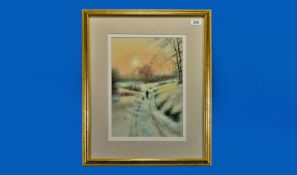 J C Ford 1994 Pastel, Man and his dog on a path in a winter snowy landscape, signed and dated 1994.