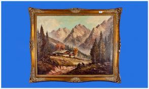 Austrian 20th Century Large Signed Oil on Canvas. Alpine Scene. House with mountains in background.