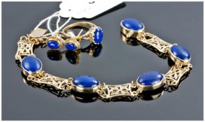 9ct Gold Bracelet, Ring And Earring Set. All Mounted With Lapis Lazuli Oval Cabochons. All Fully