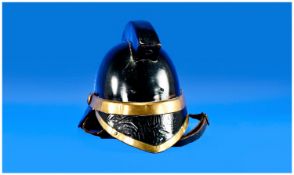Early Twentieth Century Fireman`s Leather and Brass Helmet.