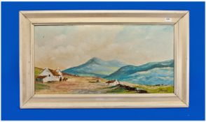 Irish Interest. Oil on Canvas of a Mountains Landscape with Cottages. Signed G.F. Bassant.