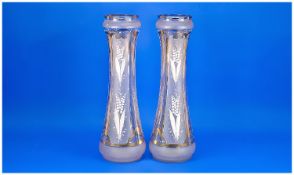 Pair of Victorian Tall Glass Vases, with partial frosting, with gold decoration on white overlaid