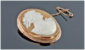 Gold Framed Shell Cameo Brooch, Profile Of A Classical Woman, Frame Marked 9ct, Height 46mm