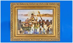 Coloured Framed Lithograph `The Rescuing of Baby Moses from The Bull Rushes`. 29 by 37 inches.