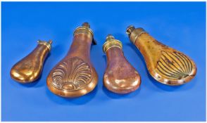A Collection Of 19th Century Copper & Brass Powder Flasks. 4 in total. One mark `Sykes` Various