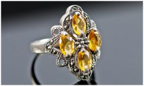 Silver Marcasite And Citrine Set Dress Ring.