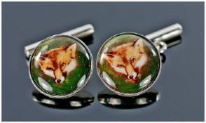 Gents Set Of Silver Cufflinks, Of Circular Form With Chain Links, The Fronts Showing Foxes Heads,