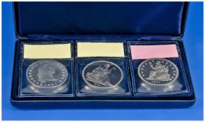 Three Pattern Dollars Modern Restrikes In Cupro-Nickel, Complete In Fitted Case.