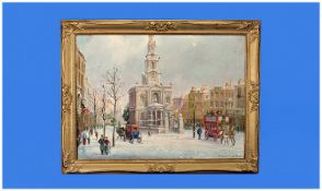 Oil On Canvas Depicting A Winter Town Scene With Figures And Carriages. Signed Alexander Wilson.